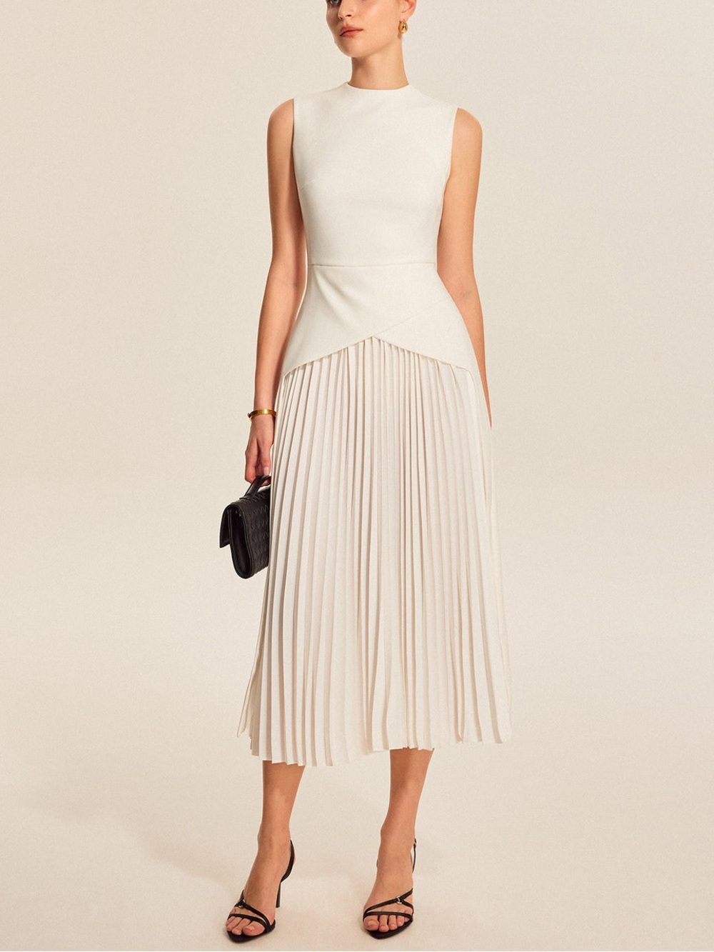 Commense Sleeveless Cream Shower Pleated Midi Dress - Picture 3 of 7